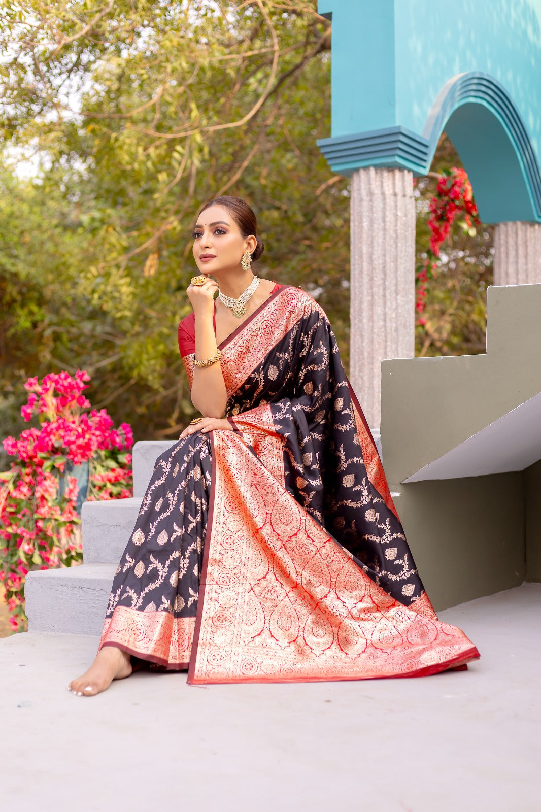 Premium Banarasi Semi Satin Silk Saree with Contrast Blouse